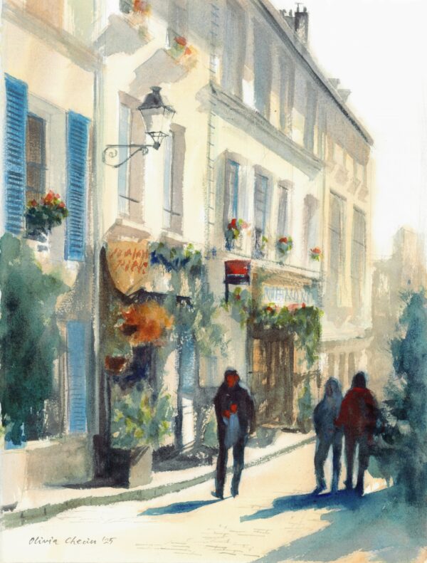 The "Old Paris Street" original watercolor painting portrays a quiet, sunlit street in the heart of Paris. The scene captures the warmth of afternoon light spilling across elegant facades, flower-filled balconies, and the silhouettes of passersby.