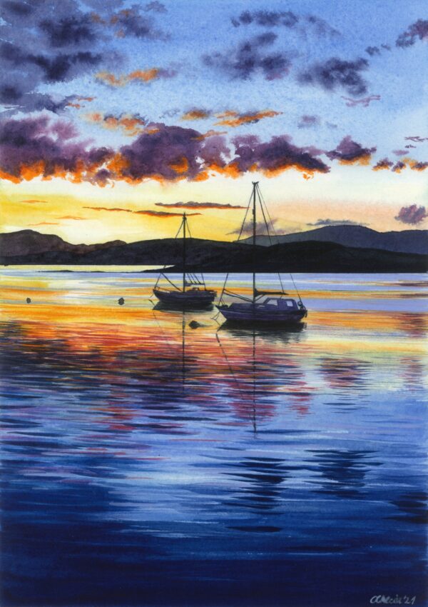 "Sunset with Boats" original watercolor painting evokes a sense of calm and reflection. The painting captures the quiet beauty of boats resting on still waters as the sun dips below the horizon. The warm tones of orange, gold, and soft pink create a tranquil atmosphere that invites the viewer to pause and breathe.