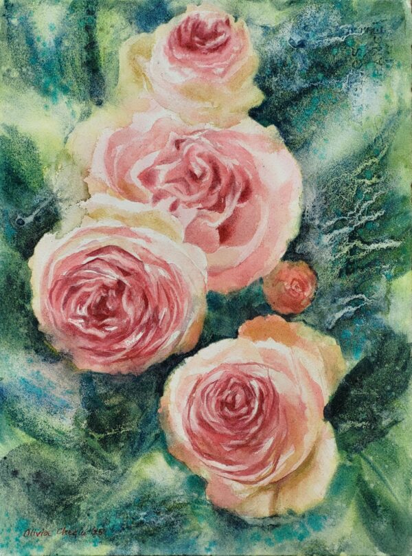 The "Eden Roses" original watercolor painting captures the delicate beauty of blooming roses in soft pink and peach tones, emerging from a cool, textured background of layered greens and blues.
