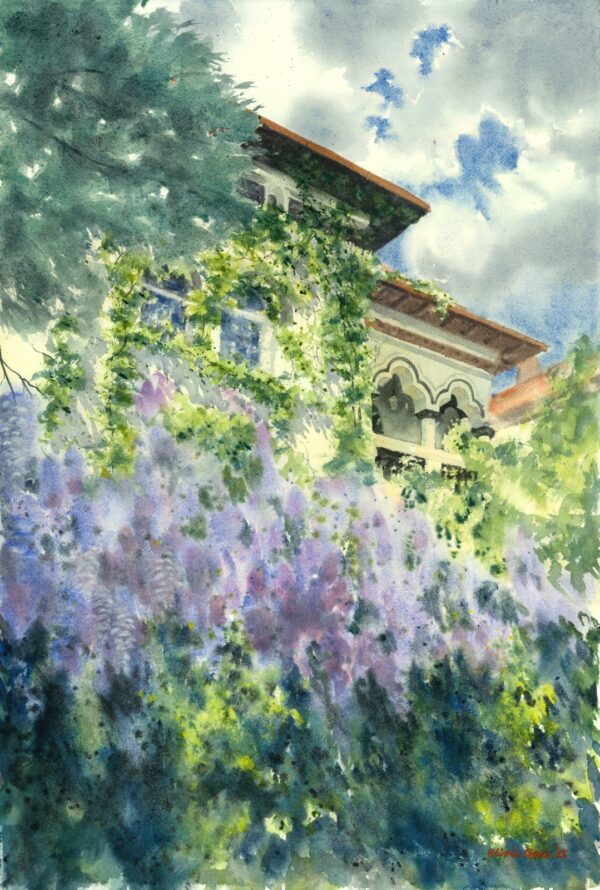 “Spring Scent” original, unique watercolor painting shows a lush wisteria plant with vibrant purple flowers and green foliage stretching on a fence, partially obscuring a building with ornate architectural details on an old Bucharest street.