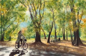 Watercolor painting of a cyclist riding along a park path beneath tall trees. Sunlight filters through green and golden leaves, creating dappled shadows on the ground. A wooden bench sits among the trees in the background.