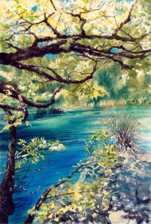 Watercolor painting of a turquoise lake at Plitvice, framed by dark tree branches, green foliage, pale rocks, and sunlit vegetation along the water’s edge.